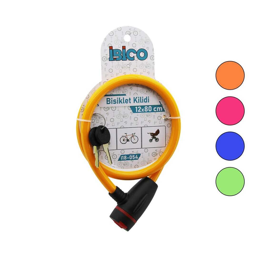ANAHTARLI AÇ-KAPA KİLİT KAPAKLI PLASTİK KAFA BİSİKLET KİLİT ÇELİK TEL RENKLİ KILIF 12MMX80CM (5430)