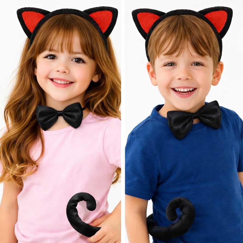 Kırmızı Kulaklı Kedi Kostüm Seti – Taç Papyon Kuyruk 3 Parça