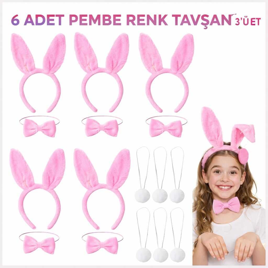 Full Pembe Renk Tavşan Sahne Seti 6&amp;apos;lı Set Taç Papyon Kuyruk (5430)
