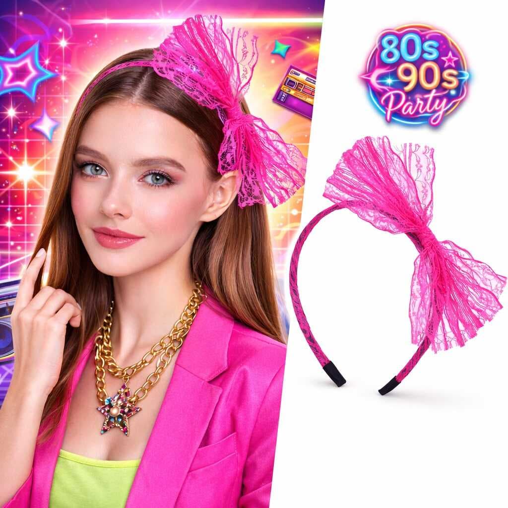80’ler 90’lar Neon Pembe Dantel Taç Fiyonklu (5430)
