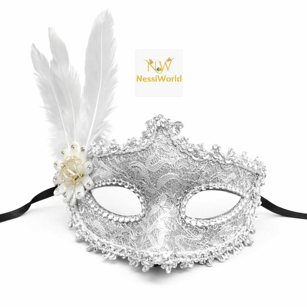 Lüks Beyaz Tüylü Venedik Maskesi – Taşlı Dantel Tasarım