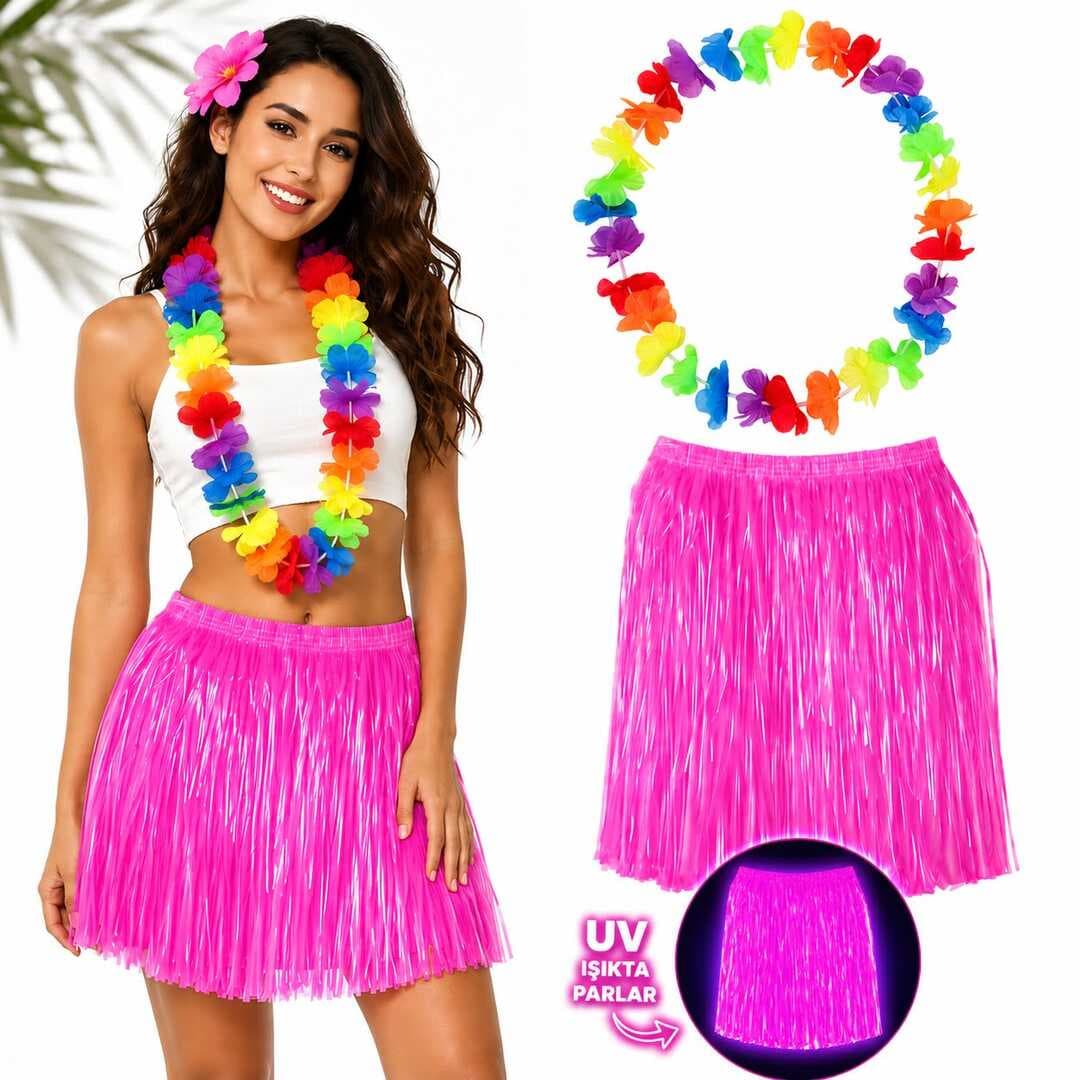 Neon Pembe Hawaii Etek 40 cm ve Rengarenk Hawaii Kolye (5430)