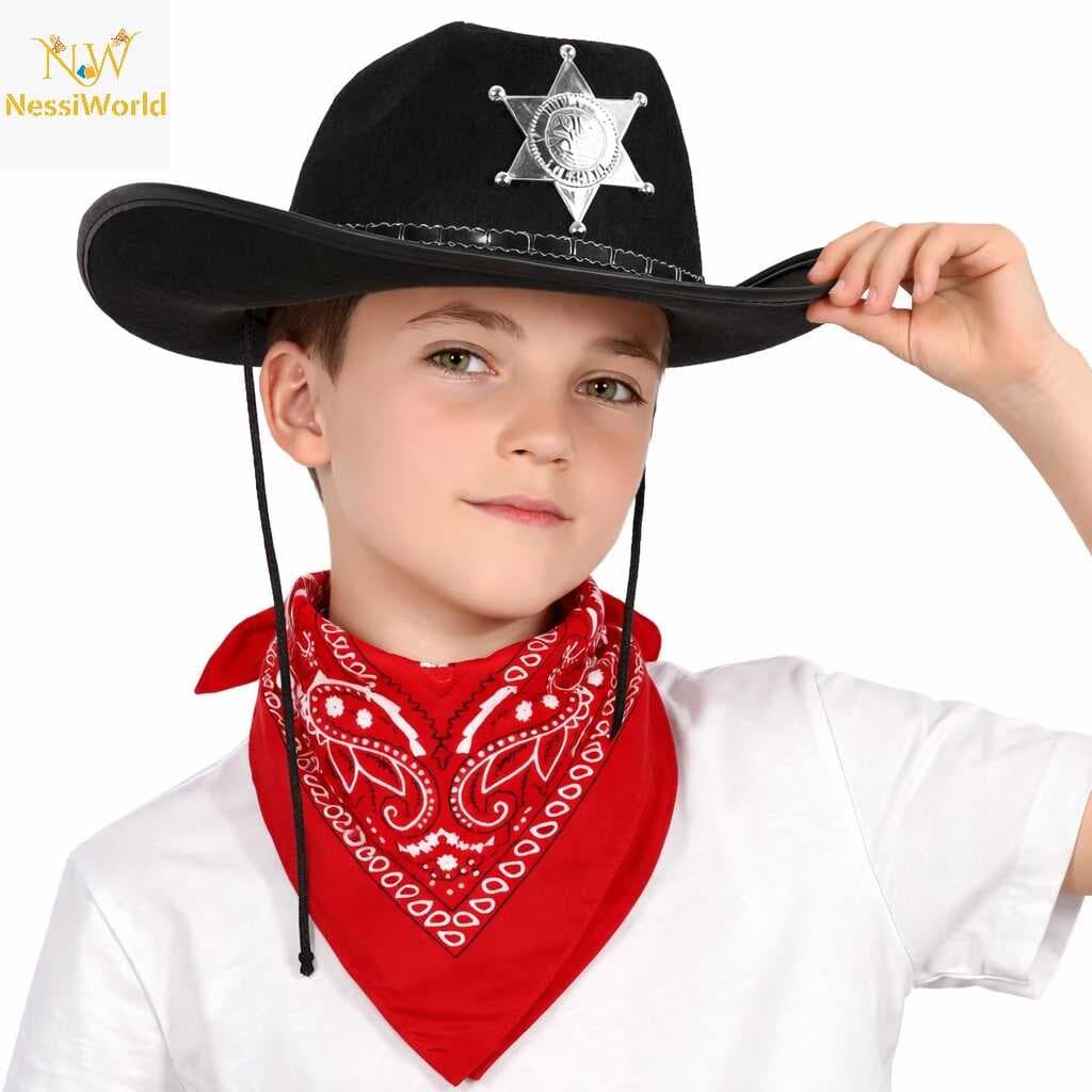 Çocuk Kovboy Şapka Rozetli Siyah &amp; Kırmızı Bandana Seti