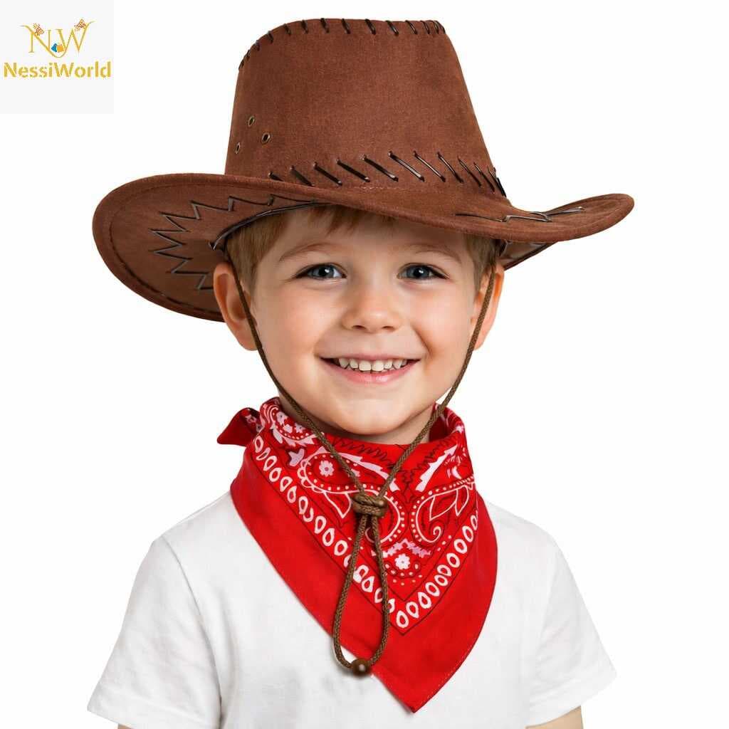 Çocuk Kovboy Şapka Kahverengi &amp; Kırmızı Bandana Seti