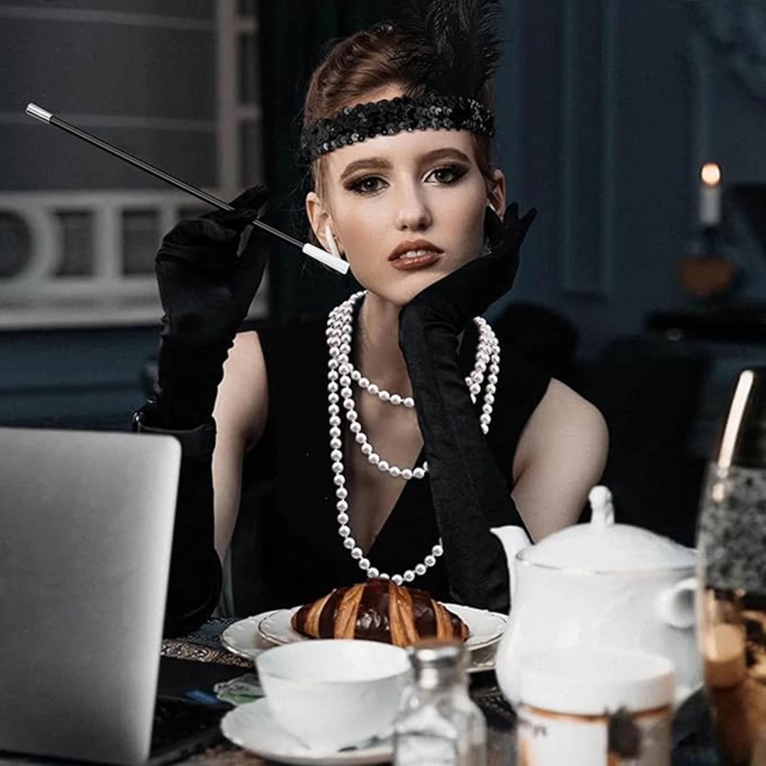 192039ler Gatsby Aksesuar Seti – Siyah Charleston Saç Bandı, Uzun Eldiven  Lık
