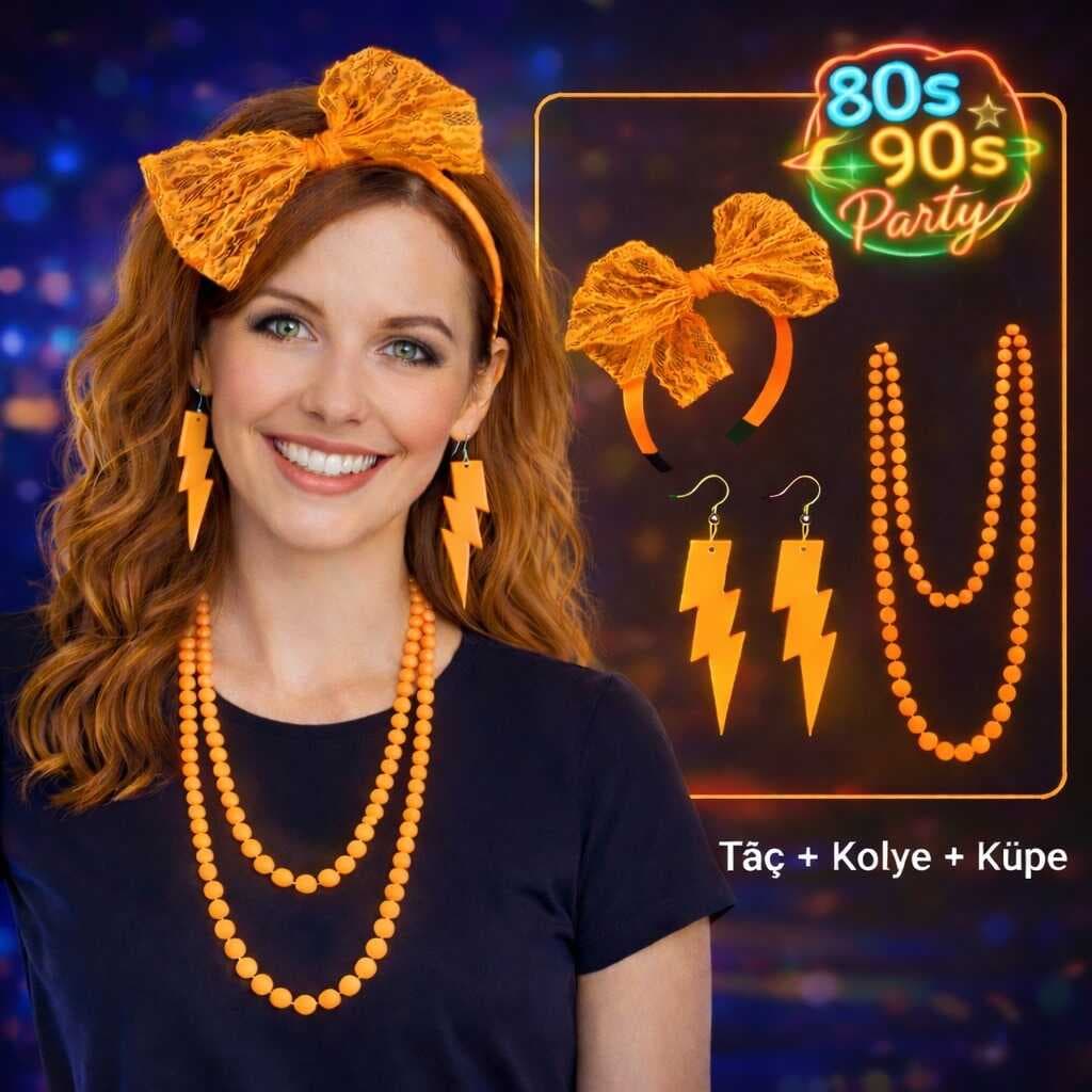 80’ler 90’lar Neon Turuncu Parti Seti – Kolye Küpe Taç (5430)