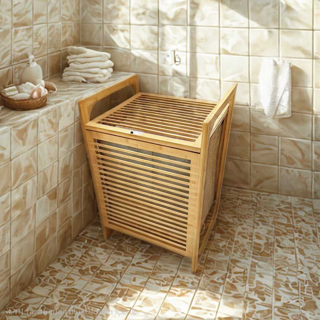 AHŞAP BAMBU KİRLİ ÇAMAŞIR SEPET KUMAŞ ÇANTALI SEPET=40X35X60CM (5430)