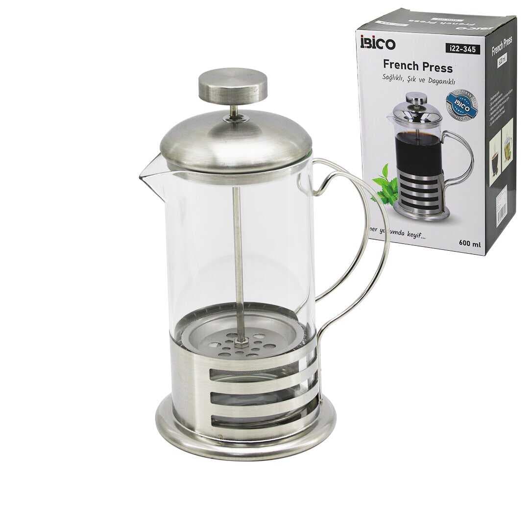 FRENCH PRESS METAL KAFES - METAL KAPAK 600ML CAM BİTKİ SÜZGEÇİ (5430)