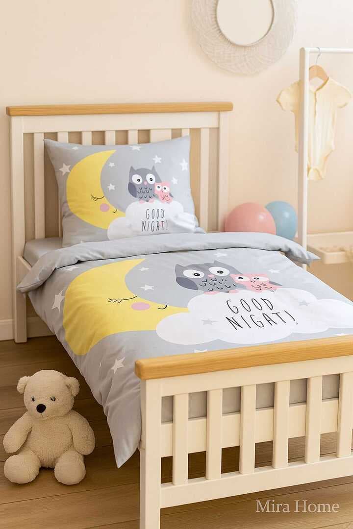 Yenidoğan Kız / Erkek Unisex Bebek Nevresim Takımı %100 Pamuklu Good Night Gri