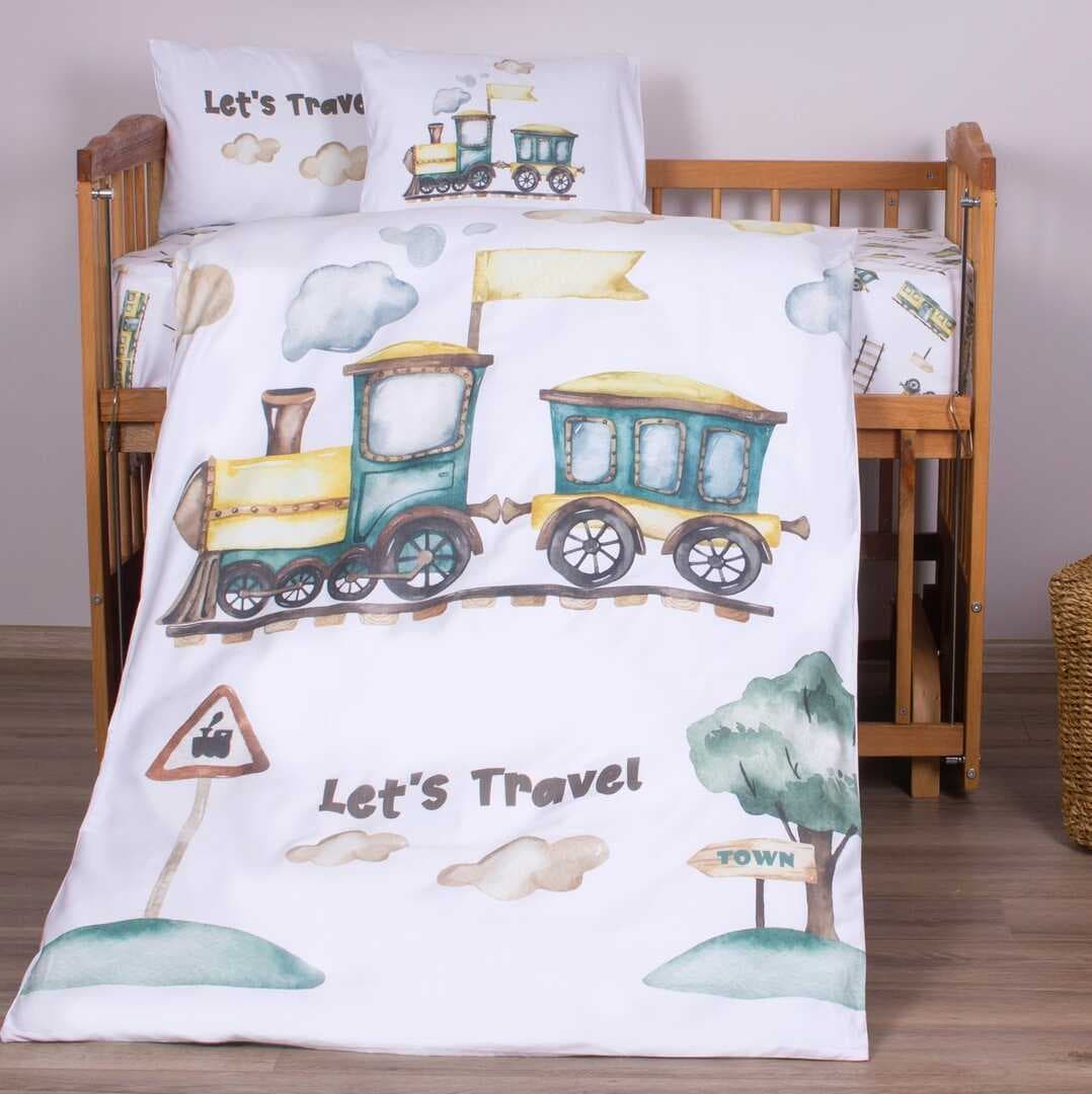 ARBABABY ORGANİK BASKILI %100 PAMUK BEBEK NEVRESİM TAKIMI - TREN VE BULUT TEMALI