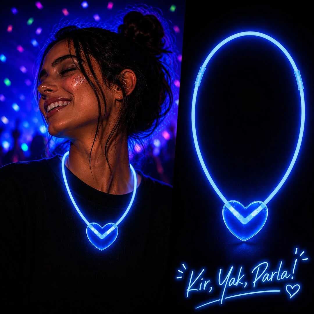 Neon Işıklı Fosforlu Kalp Parti Kolyesi Mavi Renk (5430)