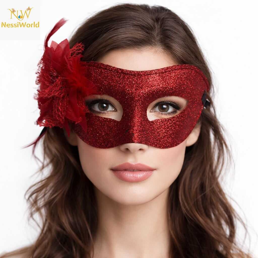 Kırmızı Simli Tüylü Balo Maskesi – Kadın Parti &amp; Maskeli Balo Maskesi