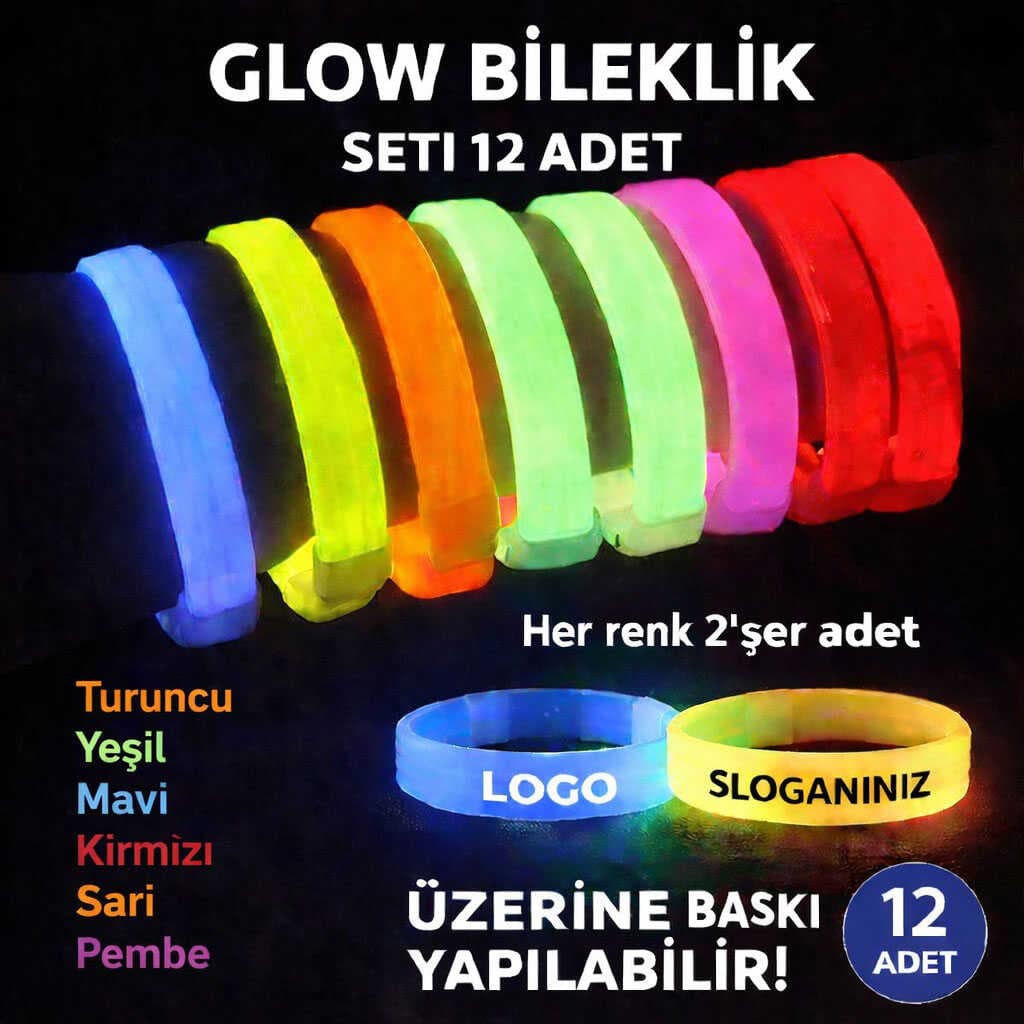 Glow Kalın Bileklik 12’li Set | Baskıya Uygun Renkli Model (5430)