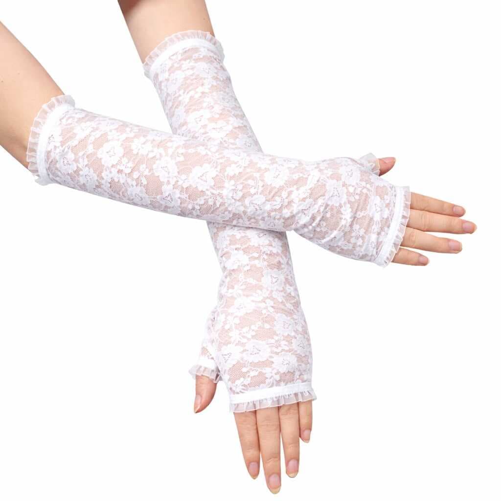 Uzun Zarif Dantel Eldiven Parmaksız Beyaz 35 cm