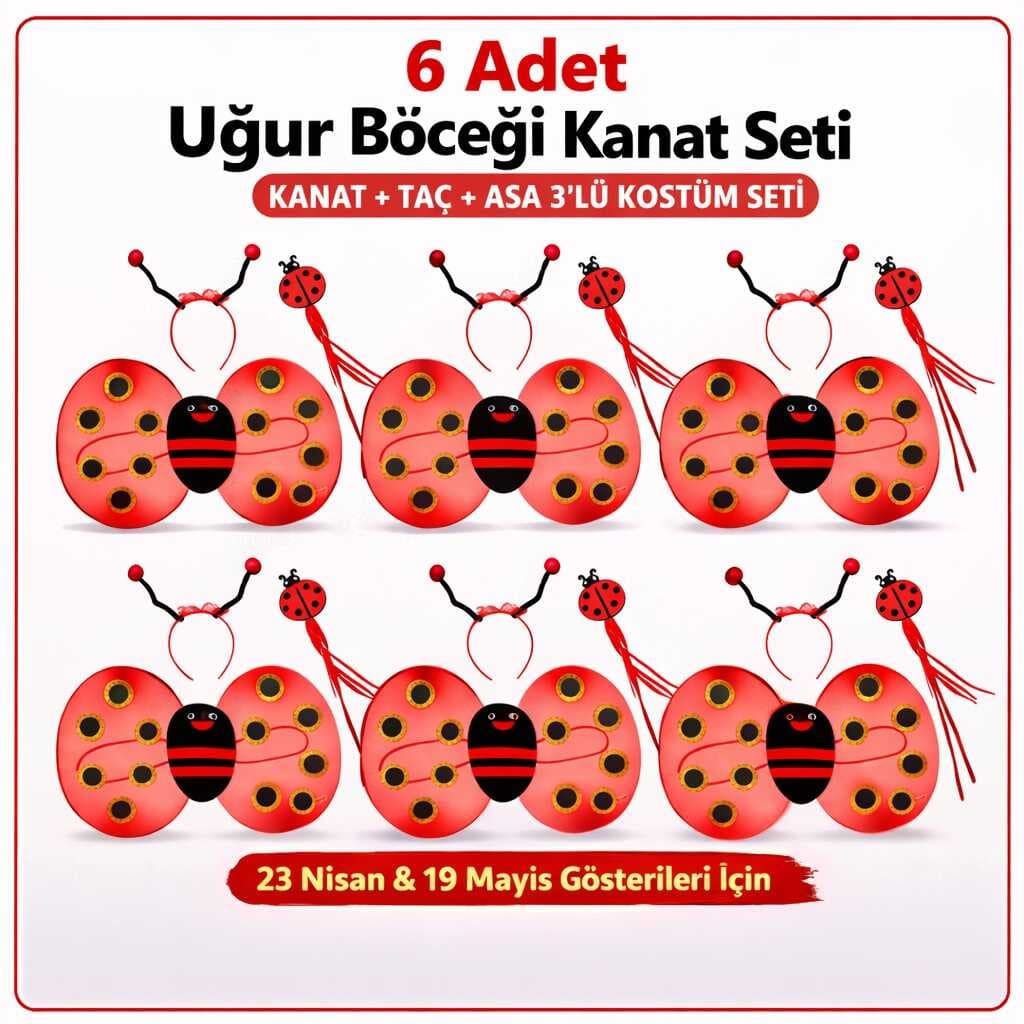 6&amp;apos;lı Uğur Böceği Ateş Böceği Kostüm Seti – Kanat Taç Asa (5430)