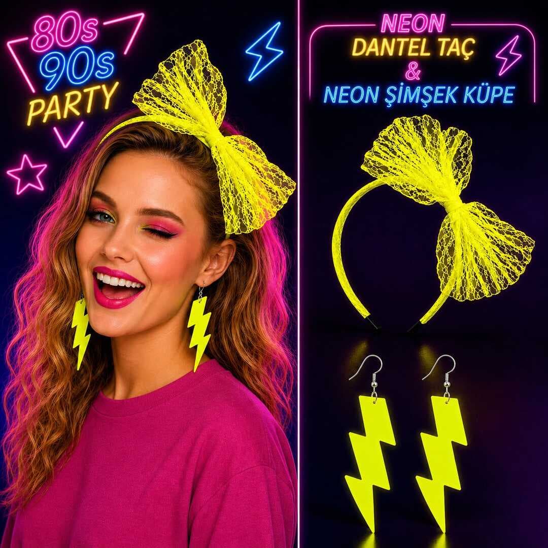 Neon Sarı Dantel Taç ve Şimşek Küpe 80&amp;apos;ler 90&amp;apos;lar Parti Seti (5430)
