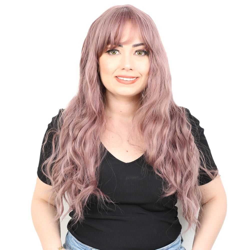 Perçemli Uzun Su Dalgası Fiber Sentetik Peruk/ Gül Kurusu