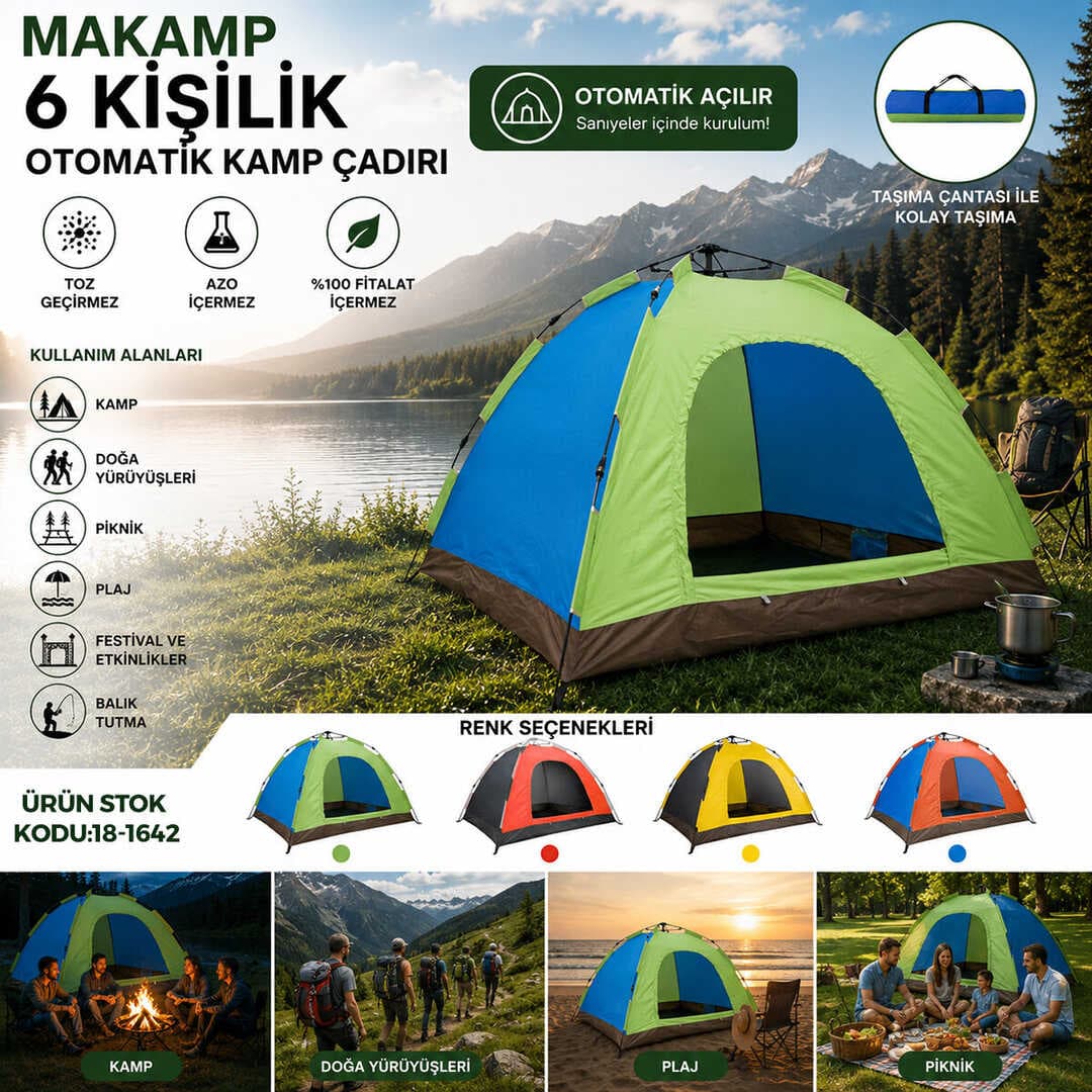 6 KİŞİLİK TOZ GEÇİRMEZ 220CMX250CMX165CM OTOMATİK KAMP ÇADIR HERHANGİ BİR RENK GÖNDERİLİR (5430)