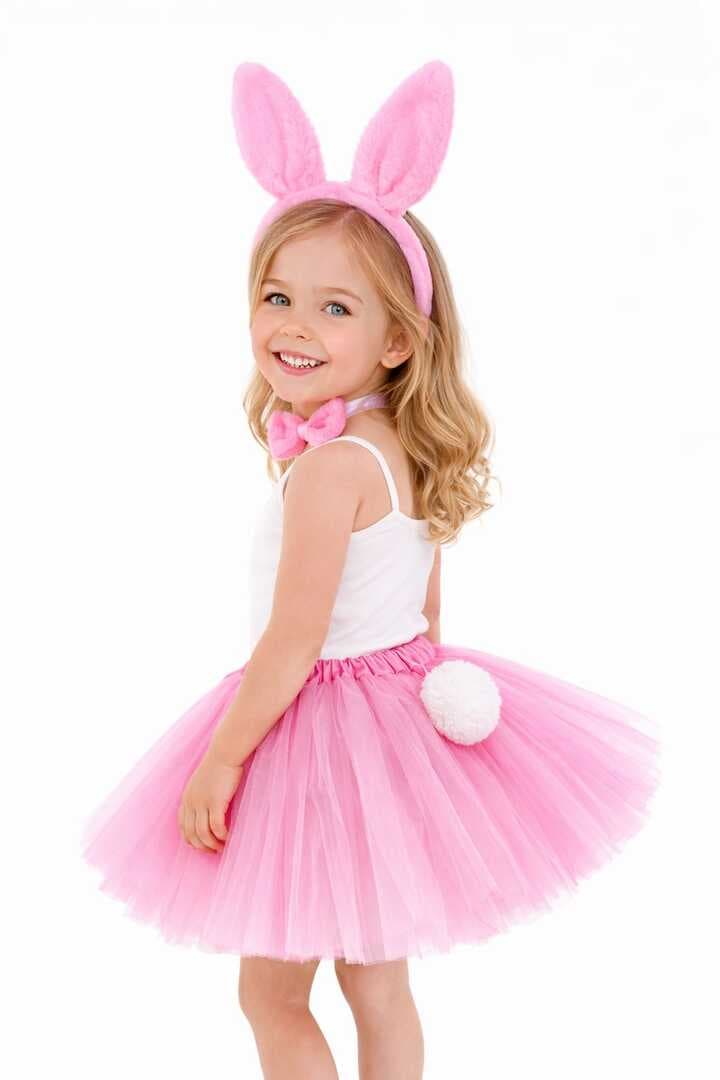 Kız Çocuk Tamamen Pembe Tavşan Kulaklı Kostüm Seti – Tütü Etekli 4 Parça (5430)