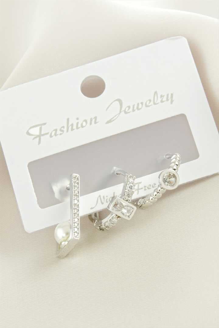 3 Adet Dikdörtgen İnci Zirkon Taşlı Küpe