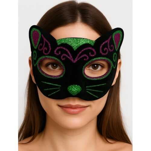 Siyah Kadife Kaplama Üzeri Pembe Yeşil Sim İşlemeli Kedi Maskesi 20x13 cm