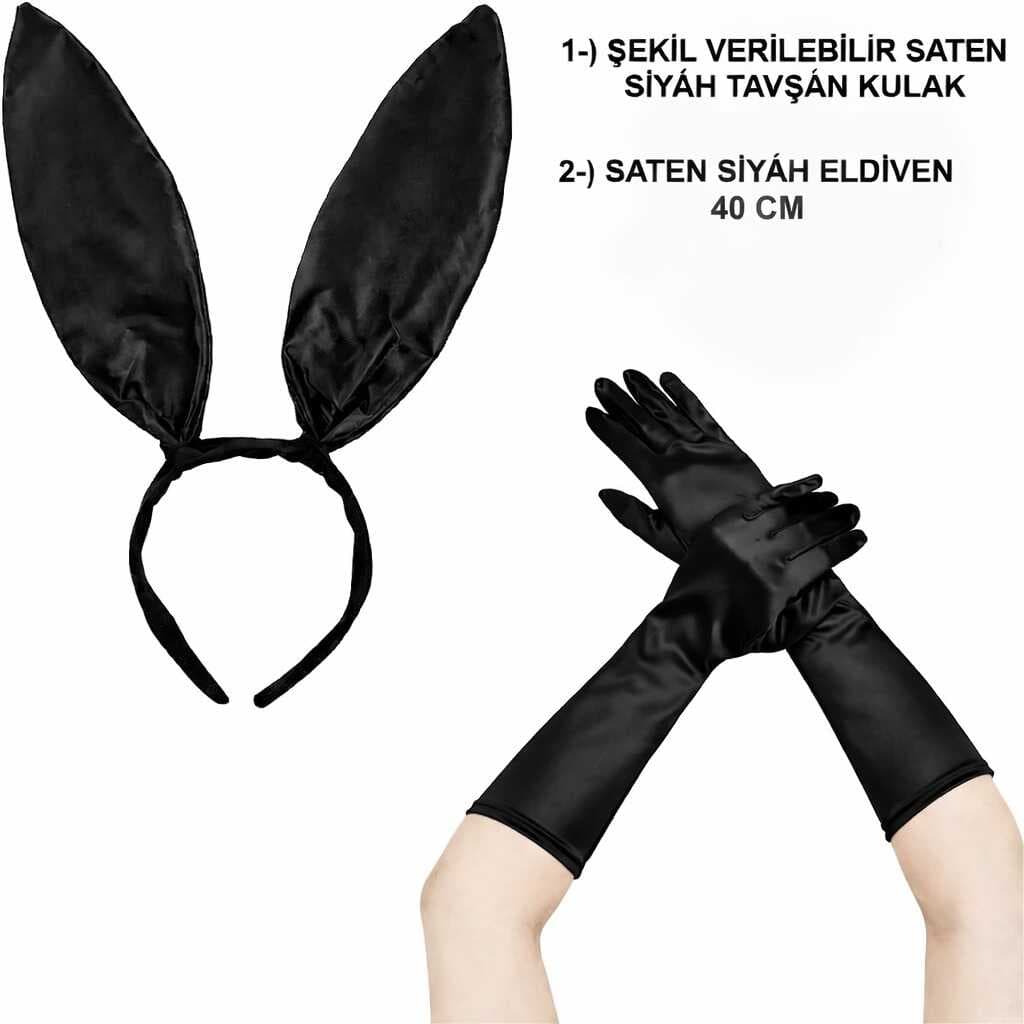 Siyah Parlak Tavşan Kulak ve 40 cm Parlak Siyah Eldiven Kostüm Seti (5430)