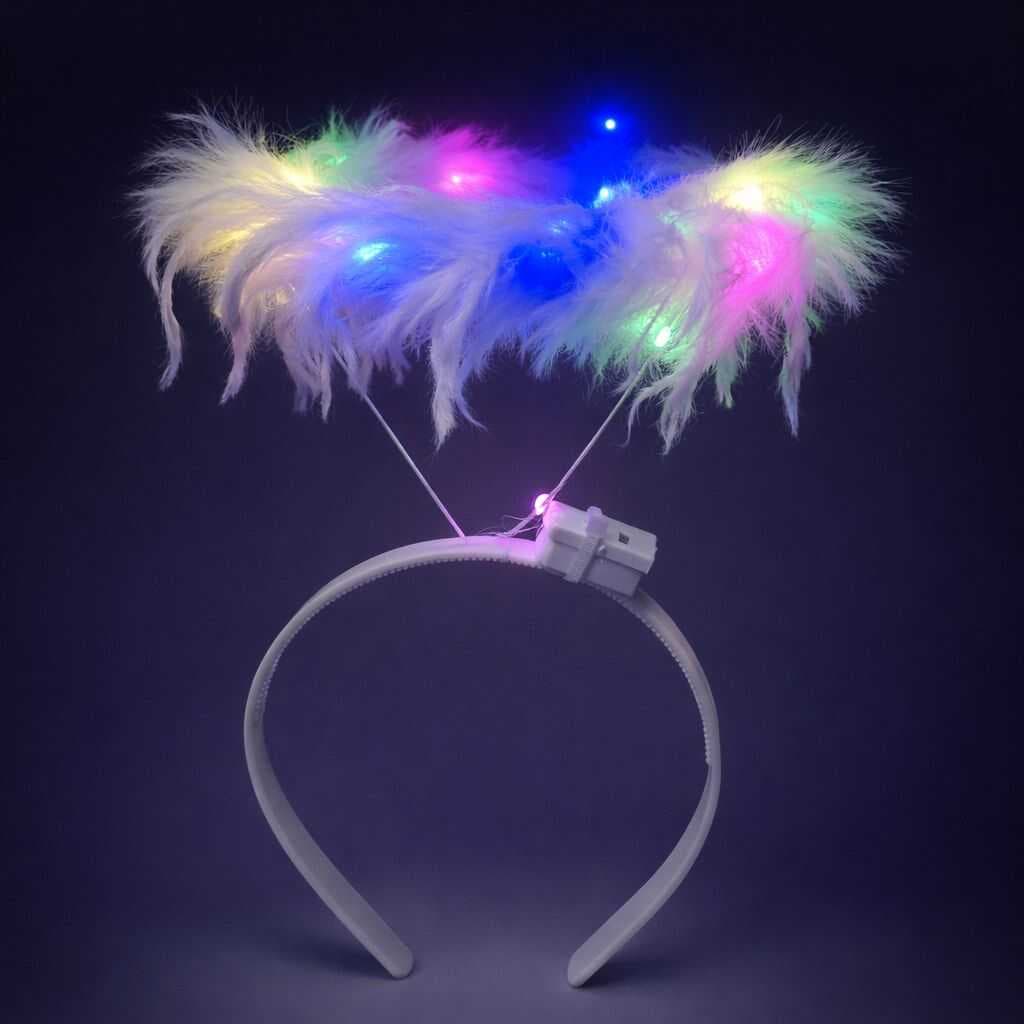 Renkli LED Işıklı Beyaz Tüylü Püsküllü Parti Tacı