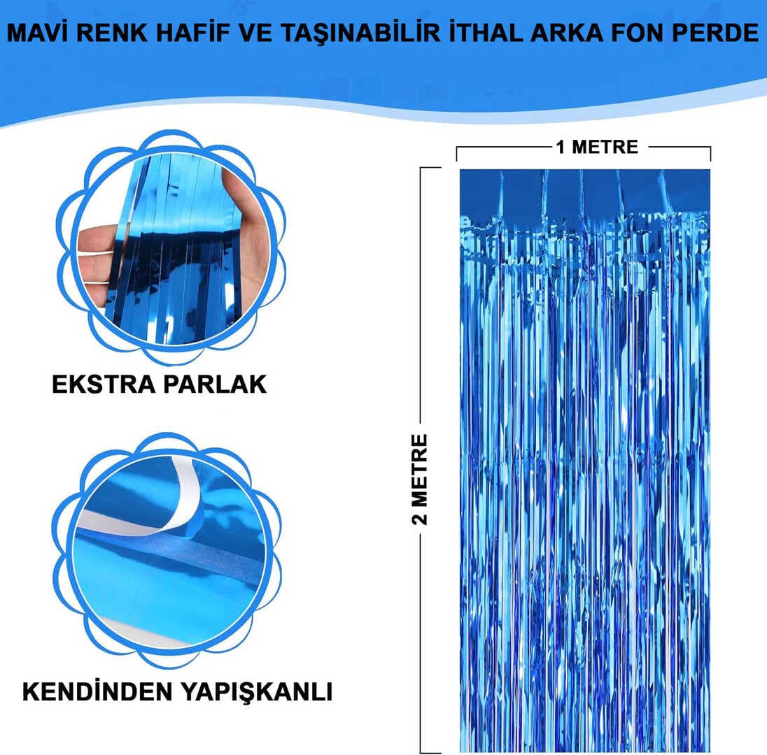 Mavi Renk Ekstra Metalize Parlak Saçaklı Arka Fon Perde İthal A Kalite 1x2 Metre (5430)