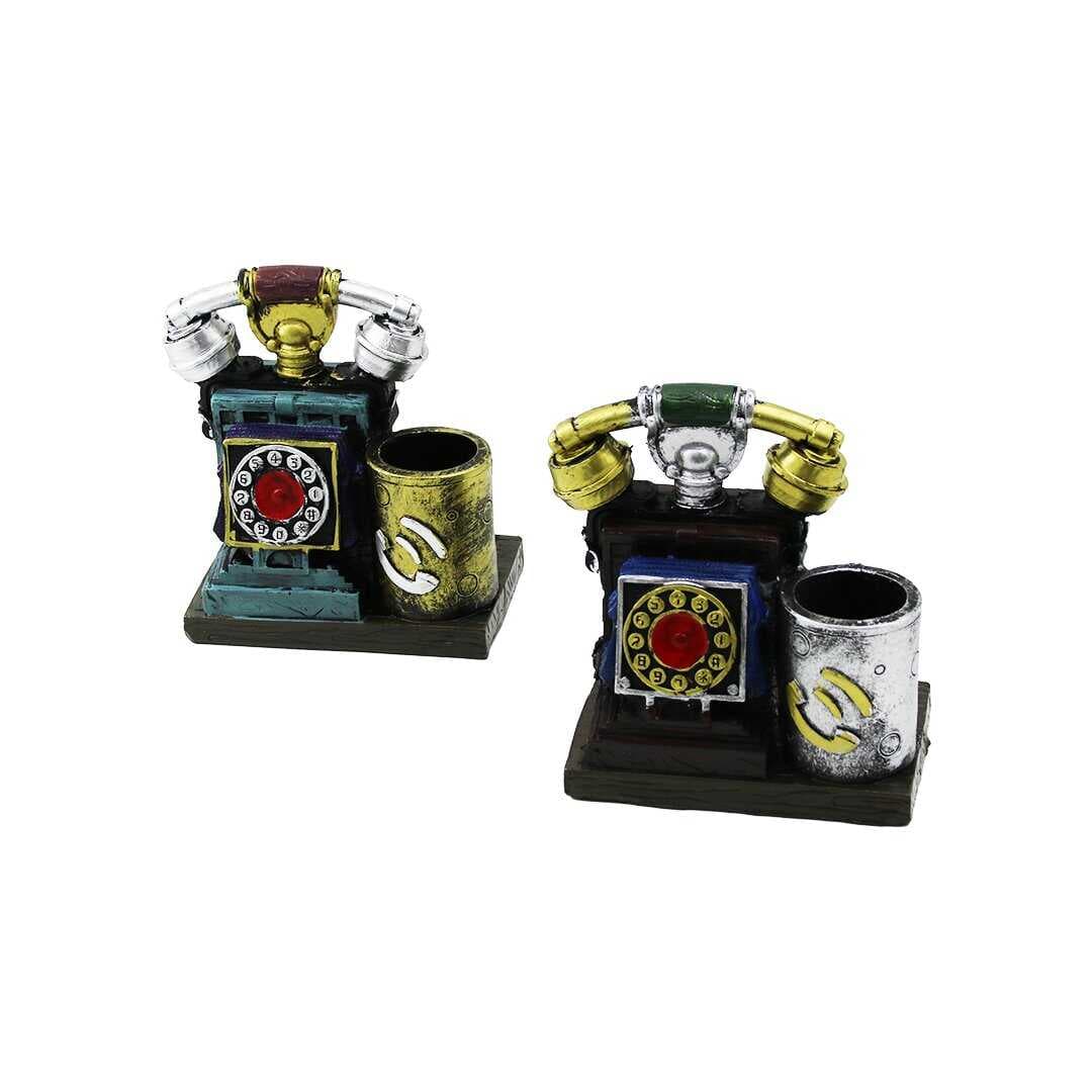 ANKESÖRLÜ TELEFON VİNTAGE DEKORATİF BİBLO - RENKLİ KALEMLİK 12.5X10X6.5CM REÇİNE (5430)