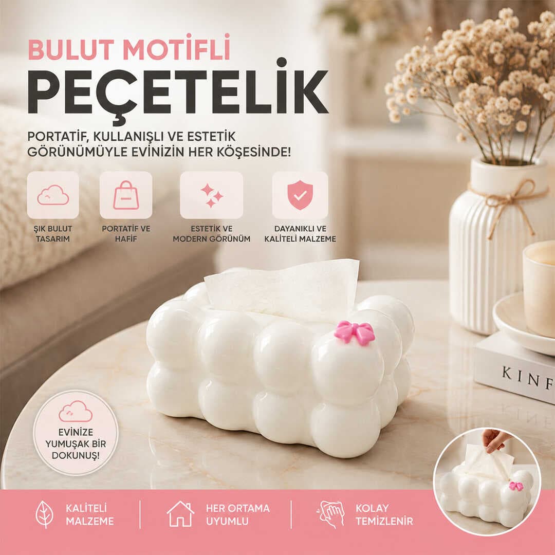19X12.5X8.5CM BEYAZ YAYLI MASAÜSTÜ BUBBLE DEKORATİF BULUT PEÇETELİK (5430)
