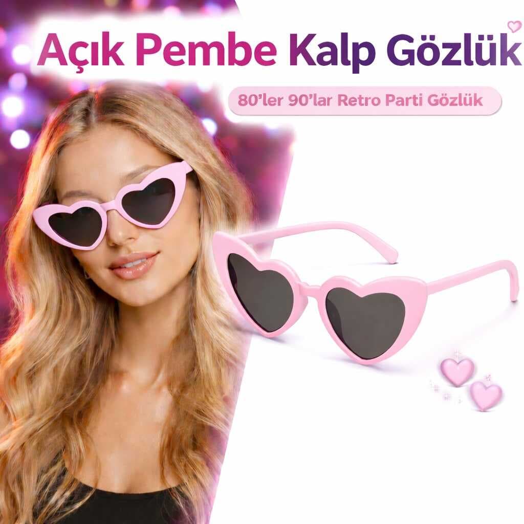 Pembe Retro Kalp Gözlük – 80’ler 90’lar Stil Parti Gözlüğü (5430)