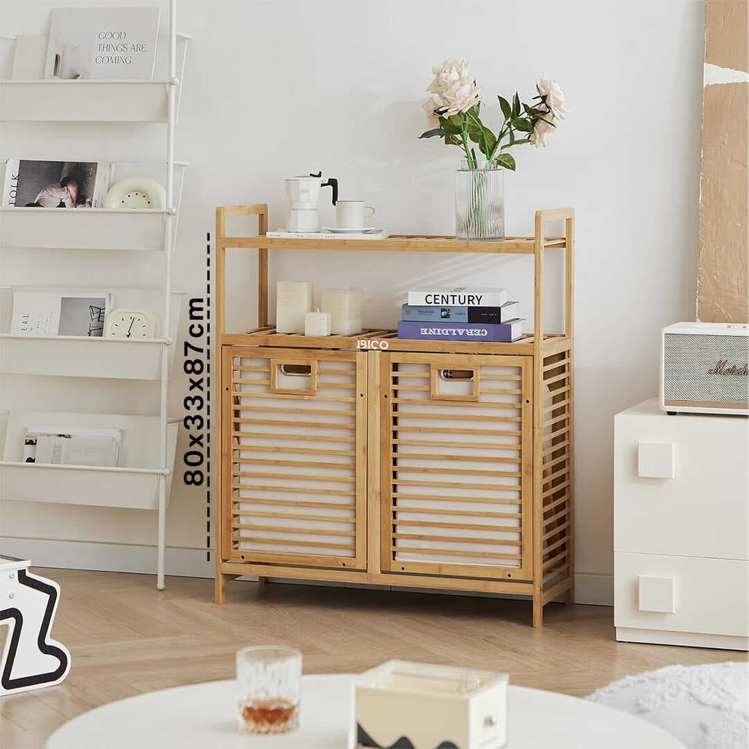 KİRLİ 2 KAT ORGANİZER RAFLI - 2 BÖLMELİ ÖNDEN ÇEK AÇ KALIN AHŞAP BAMBU KİRLİ ÇAMAŞIR SEPETİ 80X33X87CM (5430)