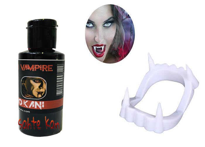 Beyaz Renk Çift Damak Takma Vampir Dişi ve 50 gr Tiyatro Kanı (5430)