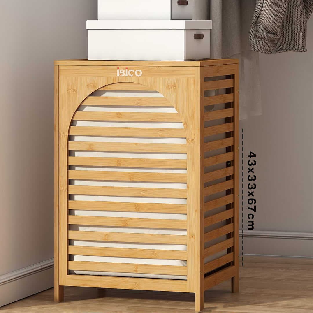 KALIN AHŞAP BAMBU KİRLİ ÇAMAŞIR SEPETİ KUMAŞ ÇANTALI SEPET=43X33X67CM (5430)