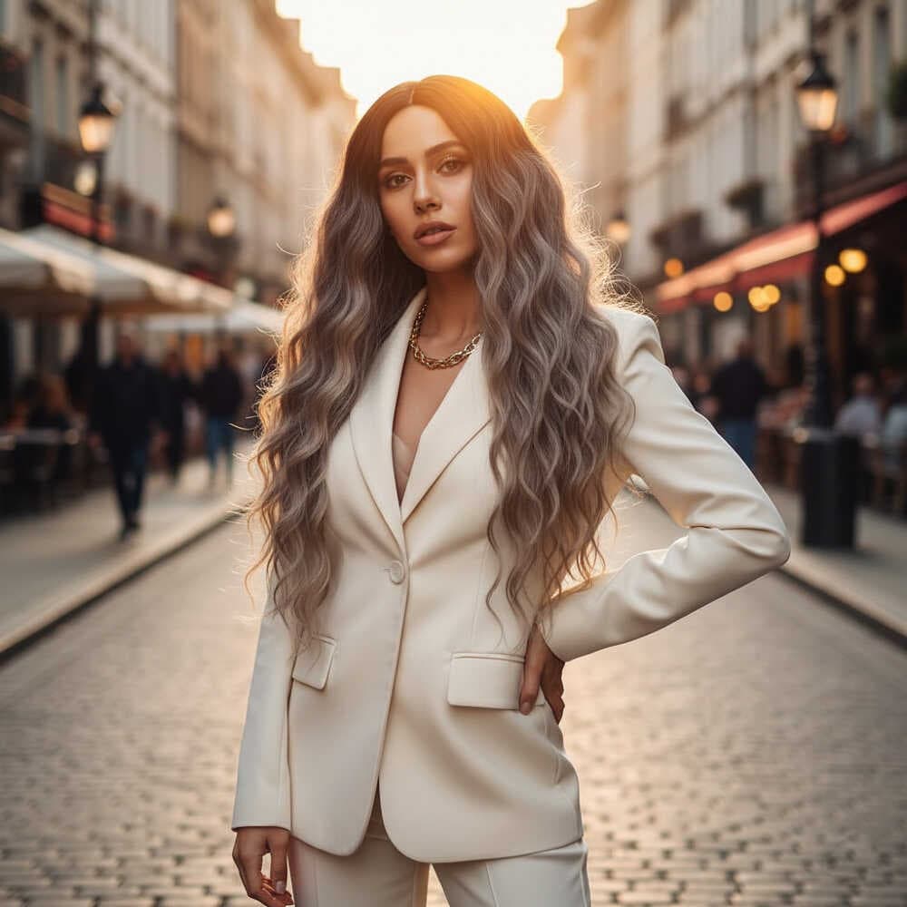 Fiber Sentetik Uzun Su Dalgası Peruk / Siyah / Küllü Platin Ombreli