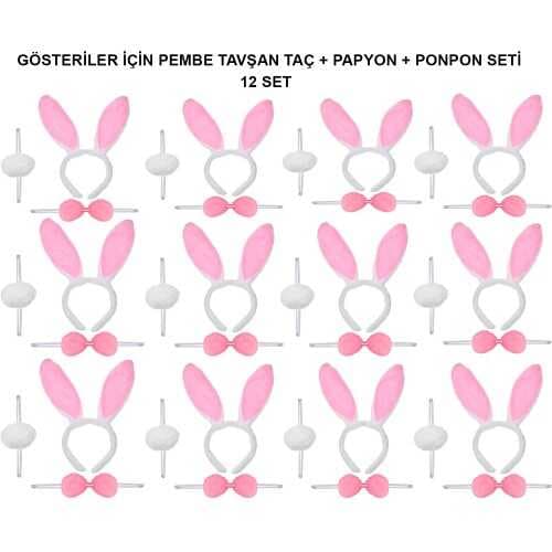 Pembe Tavşan Kostüm Seti – Taç, Papyon, Ponpon (12’li Paket)