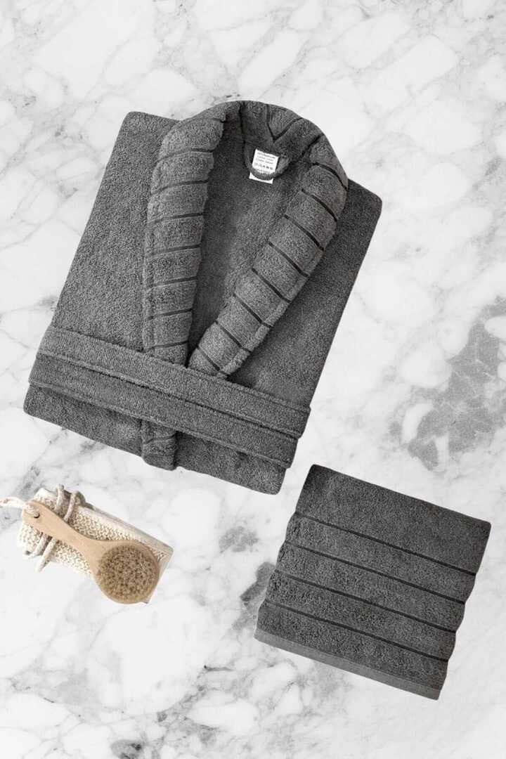 AquaLoom Lüx Erkek Bornoz ve Havlu Seti %100 Pamuklu Antrasit