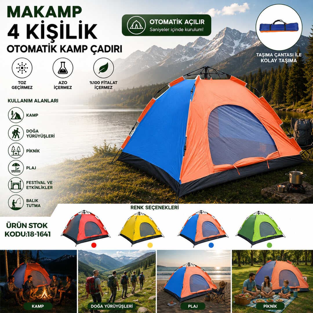 4 KİŞİLİK TOZ GEÇİRMEZ 200CMX200CMX135CM OTOMATİK KAMP ÇADIR HERHANGİ BİR RENK GÖNDERİLİR (5430)