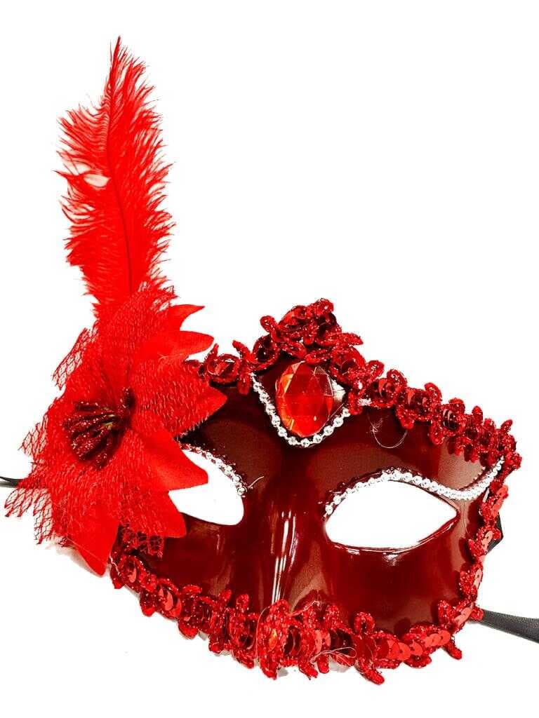 Nessiworld Kırmızı Mat Renk Yandan Tüylü Güllü Parti Balo Venedik Maskesi 16x22