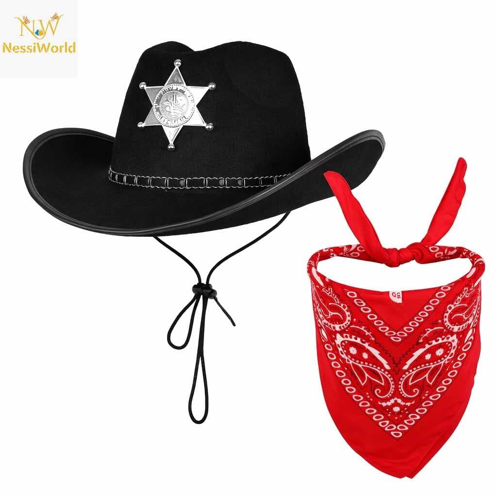 Çocuk Kovboy Şapka Rozetli Siyah &amp; Kırmızı Bandana Seti