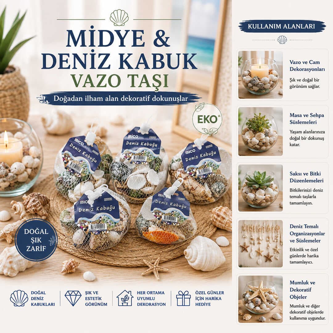 15 ADET FİLELİ RENKLİ MİX EKO MİDYE - DENİZ KABUK VAZO TAŞI (5430)