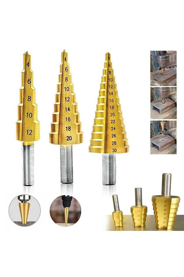 3 lü Set Matkap Ucu Kademeli Sac Delme Aparatı HSS Titanyum Kaplama (5430)