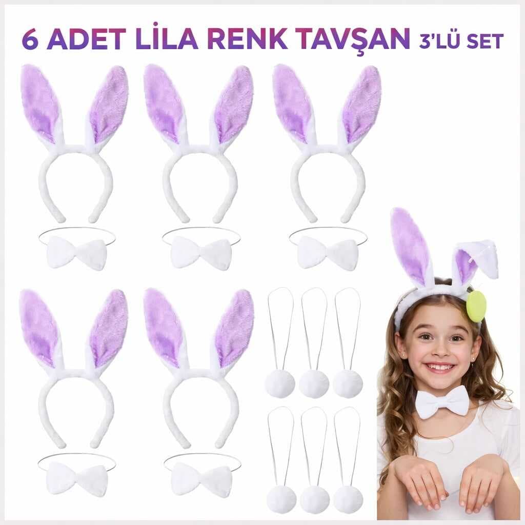Lila Tavşan Sahne Seti 6&amp;apos;lı Set Taç Papyon Kuyruk (5430)
