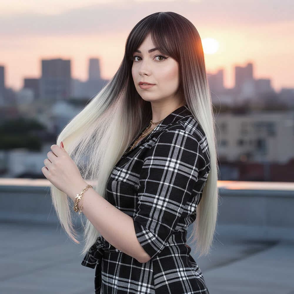 Fiber Sentetik Uzun Düz Kahküllü Peruk / Küllü Siyah / Platin Ombreli