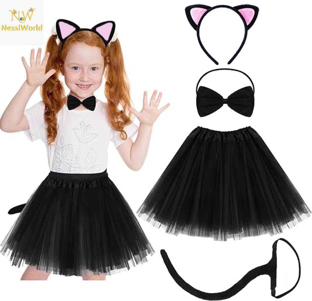 Kedi Kulak Taç Etek Kuyruk ve Papyon 4 lü Set Çocuk Pembe