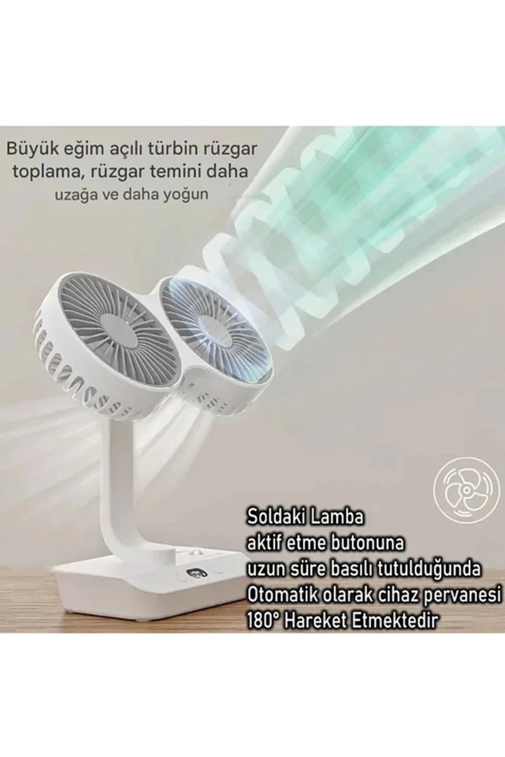 Masaüstü Dijital Ekranlı Çift Fanlı Led Işıklı Soğutucu Fan Ev Ofis Şarjlı Vantilatör