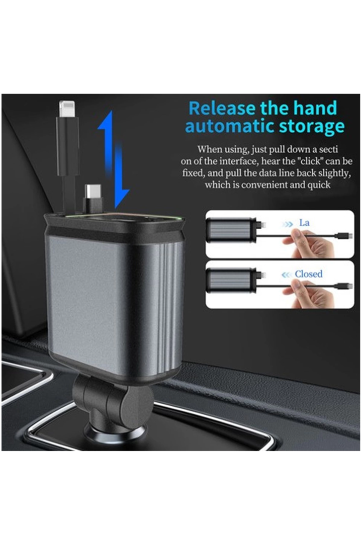 4’ü 1 Arada Çift Usb Bağlantı Noktalı, Type-c Pd Hızlı Şarjlı 66w,geri Çekilebilir Araç Telefonu Şarj Cihazı