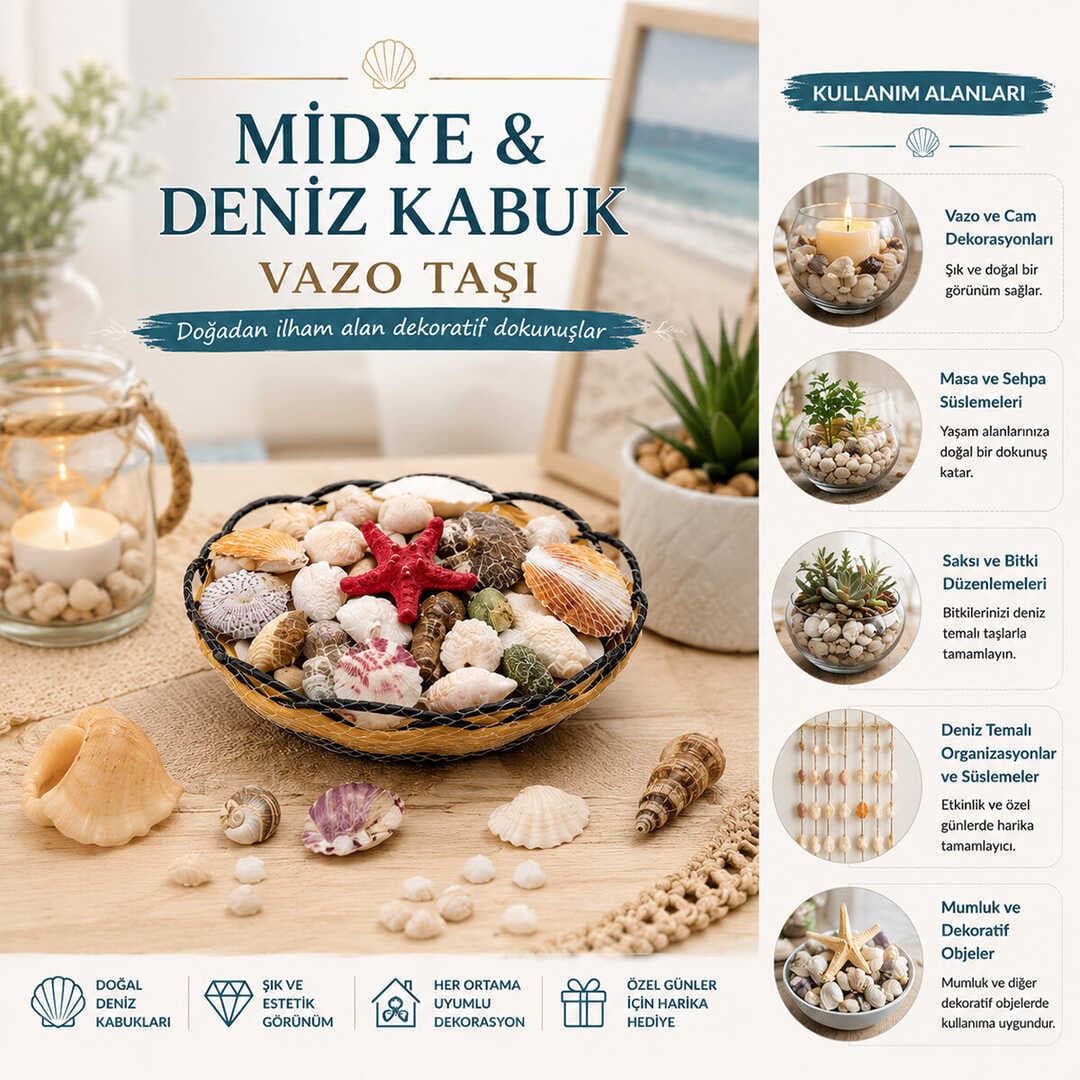 AHŞAP YUVARLAK SEPET - FİLELİ RENKLİ MİX MİDYE - DENİZ KABUK VAZO TAŞI (5430)