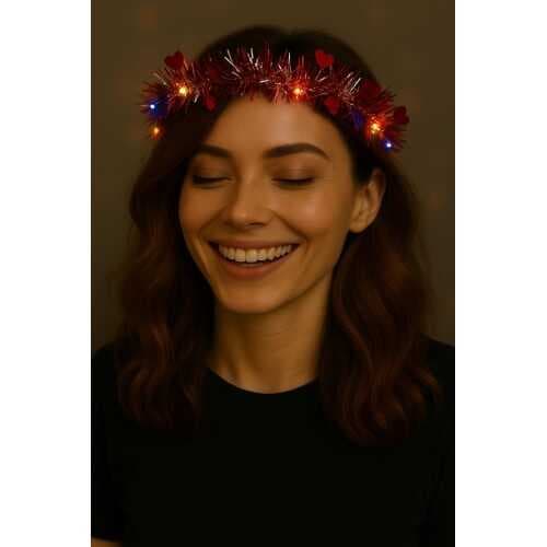 Kalp Püsküllü Gece Parıltısı 3 Modlu LED'li Işıklı Taç Kırmızı Renk