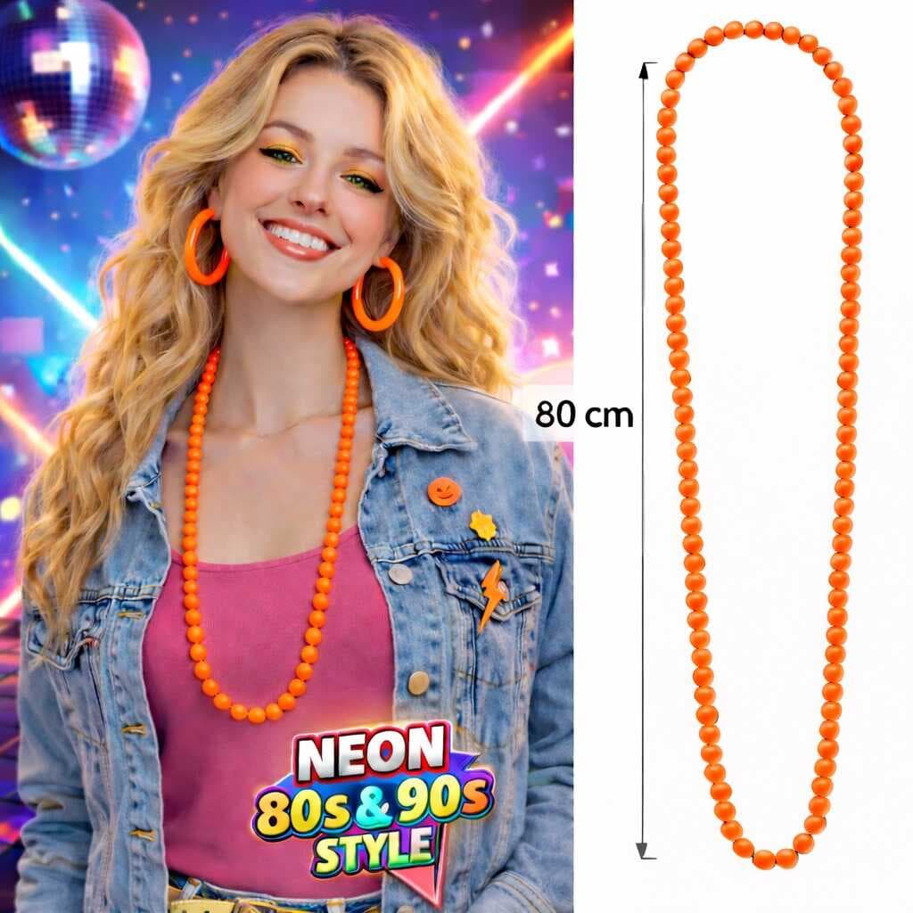 Neon Turuncu Boncuk Kolye 80 cm – Retro 80’ler 90’lar Parti Aksesuarı (5430)